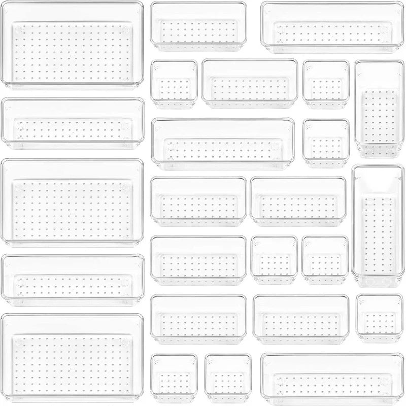 10dílná sada organizérů do zásuvek – průhledné tácy a děliče na kosmetiku a kuchyňské doplňky 9