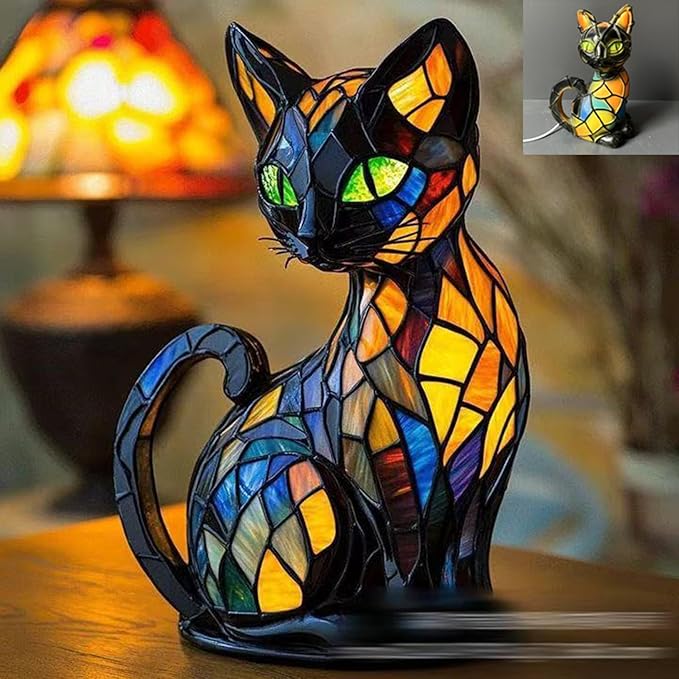 Lampka stołowa z witrażu w kształcie kota z oświetleniem LED – 30-36 cm