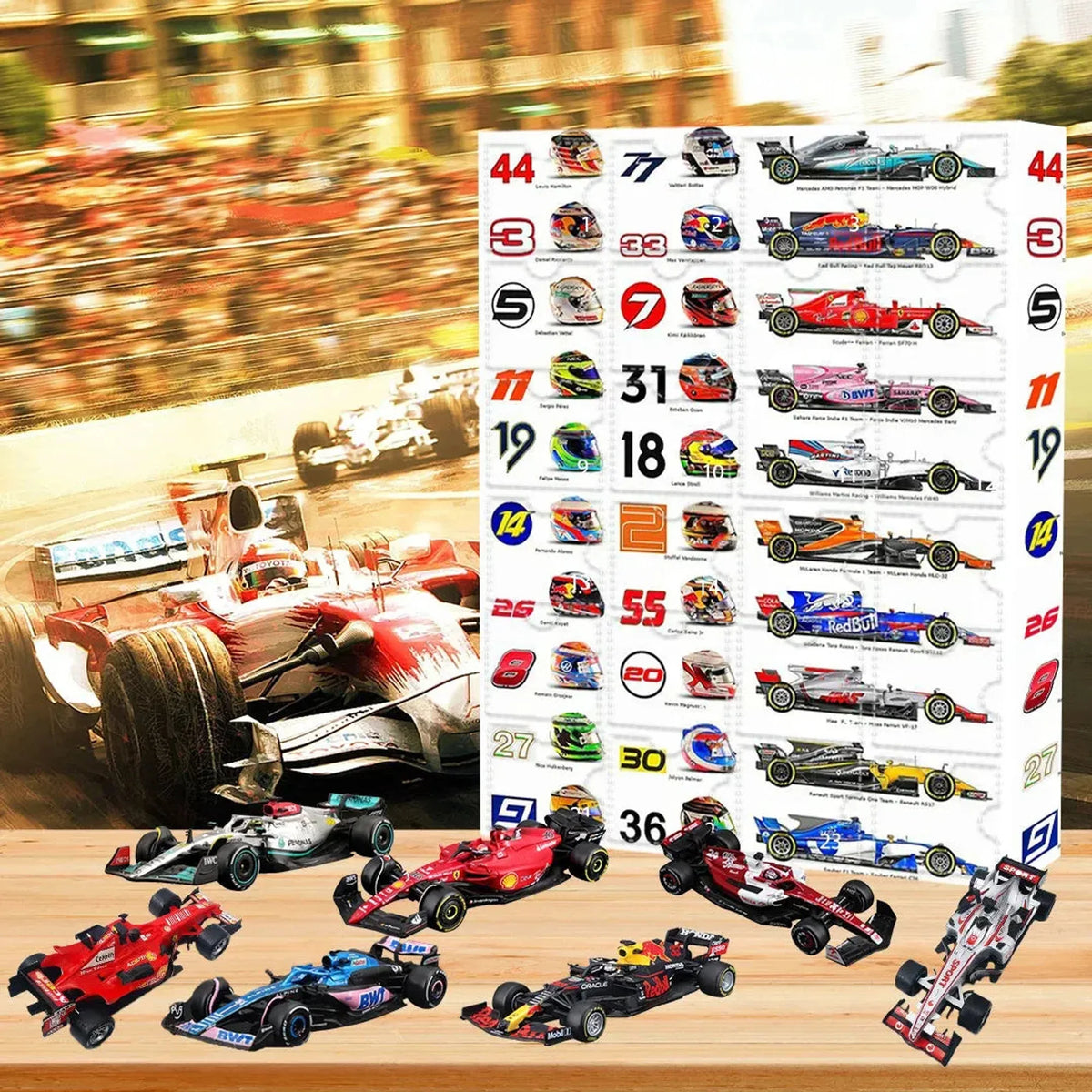 Adventní kalendář F1 s miniaturami aut a helmami, obsahující 24 sběratelských překvapení pro 0