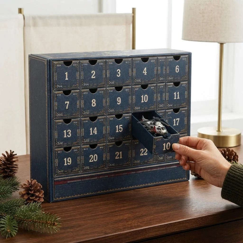 Adventní kalendář pro děti s 24 sběratelskými letadly, obsahující knihu s robustními zásuv 0