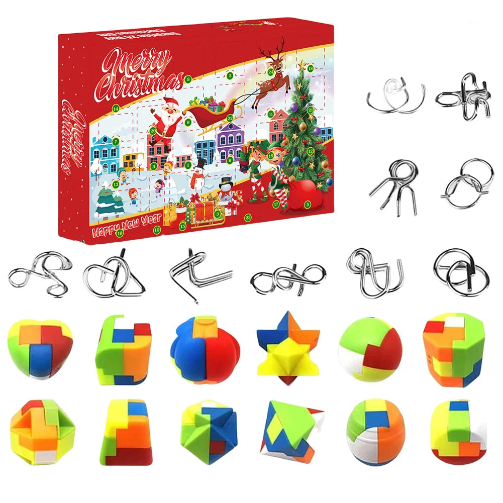 Adventní kalendář 2024 s 24 kovovými a plastovými puzzle - vzrušující kalendář odpočítávající čas do Vánoc 0