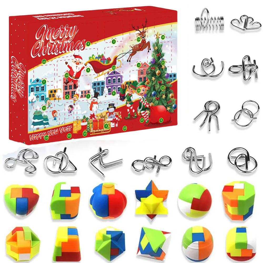 Adventní kalendář 2024 s 24 kovovými a plastovými puzzle - vzrušující kalendář odpočítávající čas do Vánoc 2