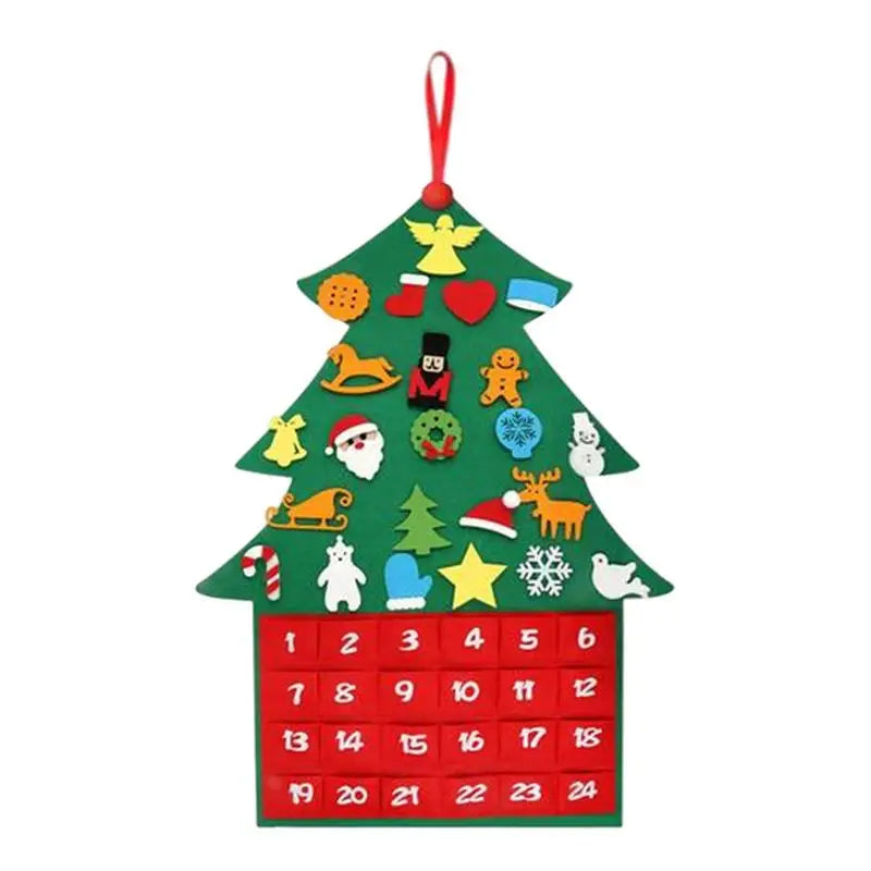 Adventní kalendář z plsti ve tvaru vánočního stromečku s 24 kapsami a kreslenými vzory – slavnostní dekorace pro odpočítávání do Vánoc 1