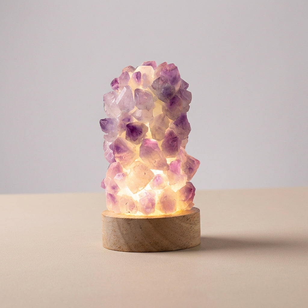 Ametystová křišťálová stolní lampa s dřevěnou základnou – minimalistický design do obývacího pokoje nebo ložnice 0