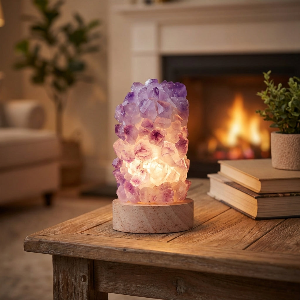 Ametystová křišťálová stolní lampa s dřevěnou základnou – minimalistický design do obývacího pokoje nebo ložnice 1