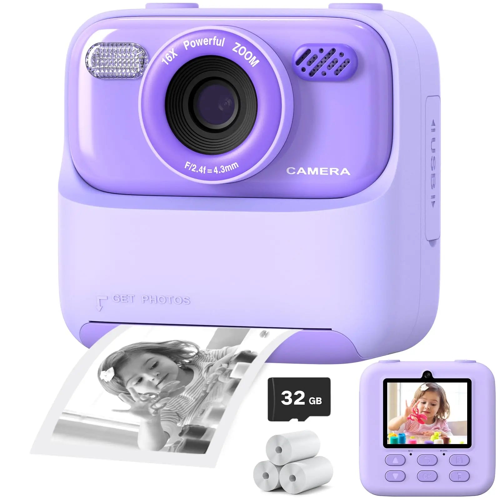 Barevná HD selfie kamera pro děti s 32GB pamětí – okamžitý tisk a kreativní funkce pro děti 0