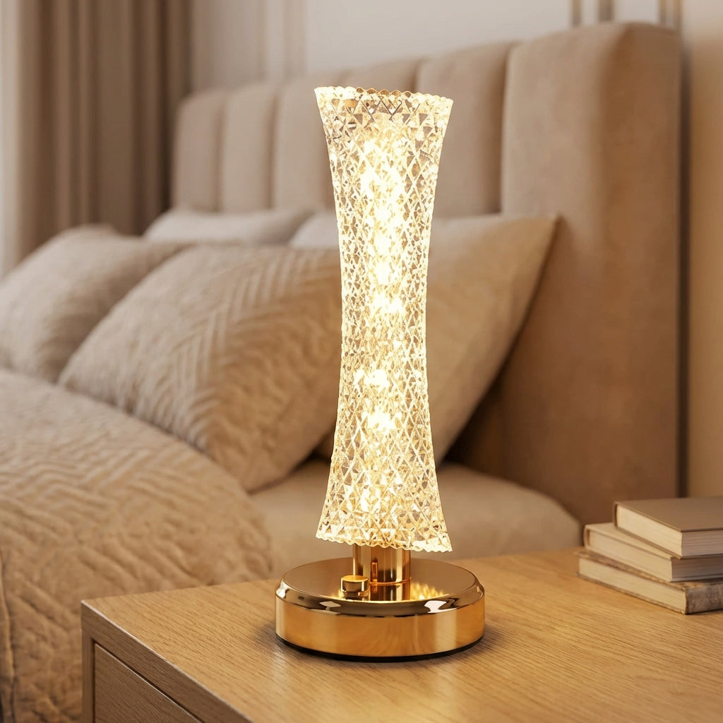 Bezdrátová LED stolní lampa s křišťálovou povrchovou úpravou – Nastavitelné stínidlo – Zlatá elegance 0