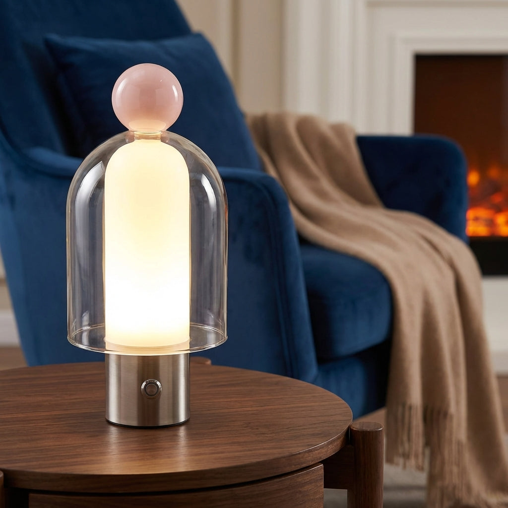 Bezdrátová Stolní Lampa s Ovládáním Jasu a Teplým LED Světlem – Moderní Skleněný Design 1