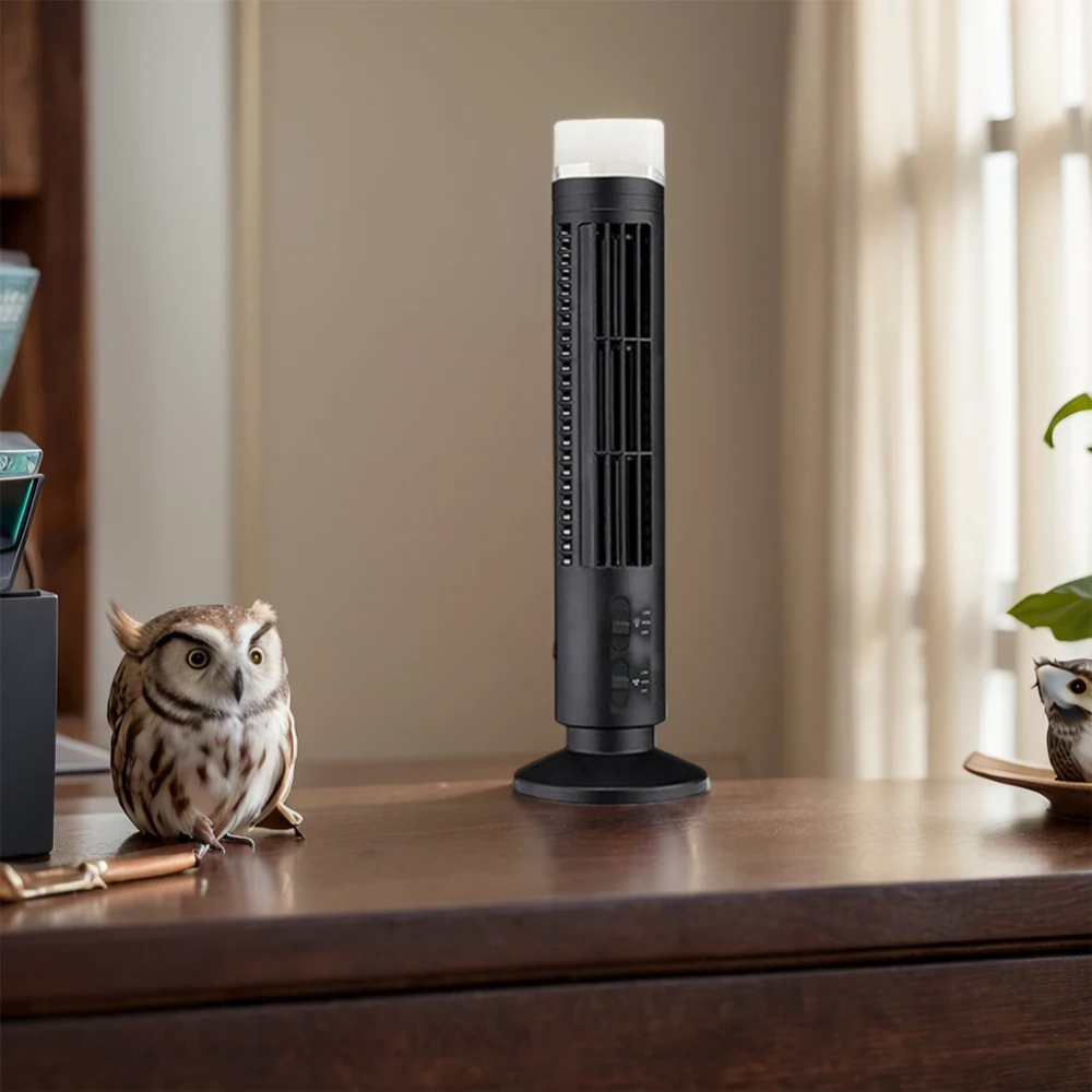 Bezlopatkový chladicí ventilátor s LED věžovým designem – přenosný stolní ventilátor se 2 rychlostmi 3