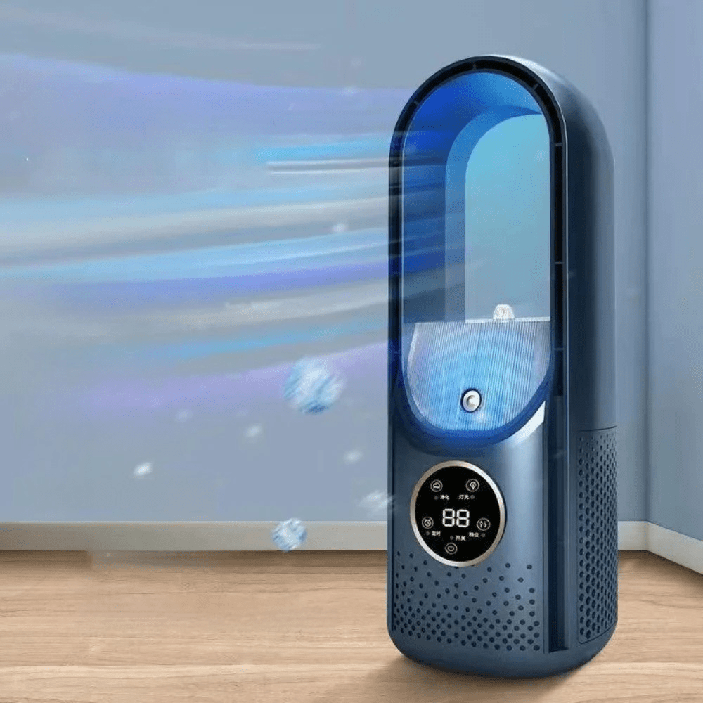 Bezlopatkový ventilátor s 6stupňovou regulací a nočním světlem – přenosná stolní klimatizace v modré barvě 0