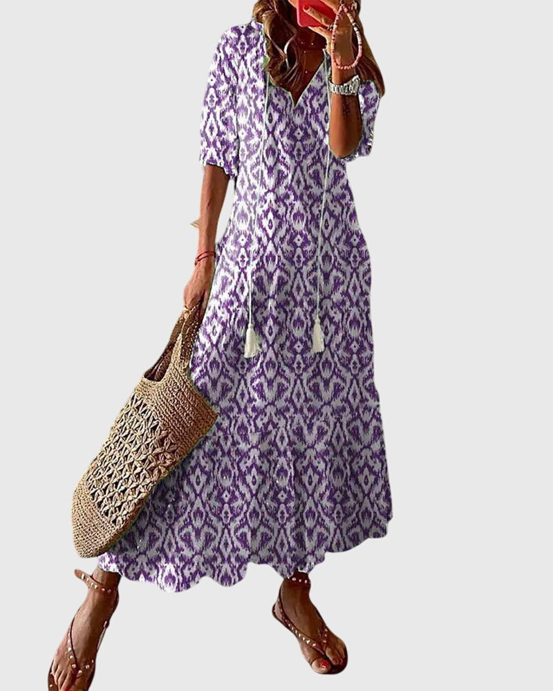 Boho vintage letní šaty s lichotivým výstřihem do V, lehký a vzdušný design ideální pro te 2