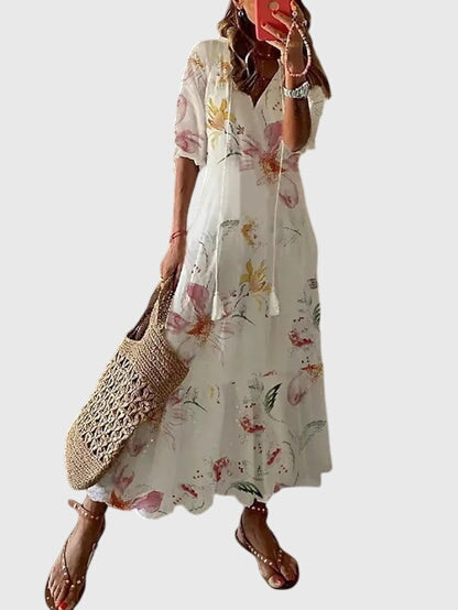 Boho vintage letní šaty s lichotivým výstřihem do V, lehký a vzdušný design ideální pro te 7