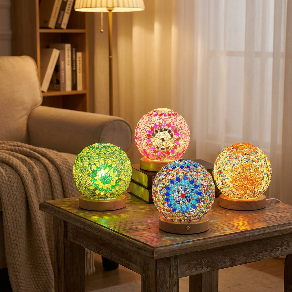 Boho dekorativní lampa z mozaikového skla a dřeva – teplé světlo – napájení z USB – 35 cm 1