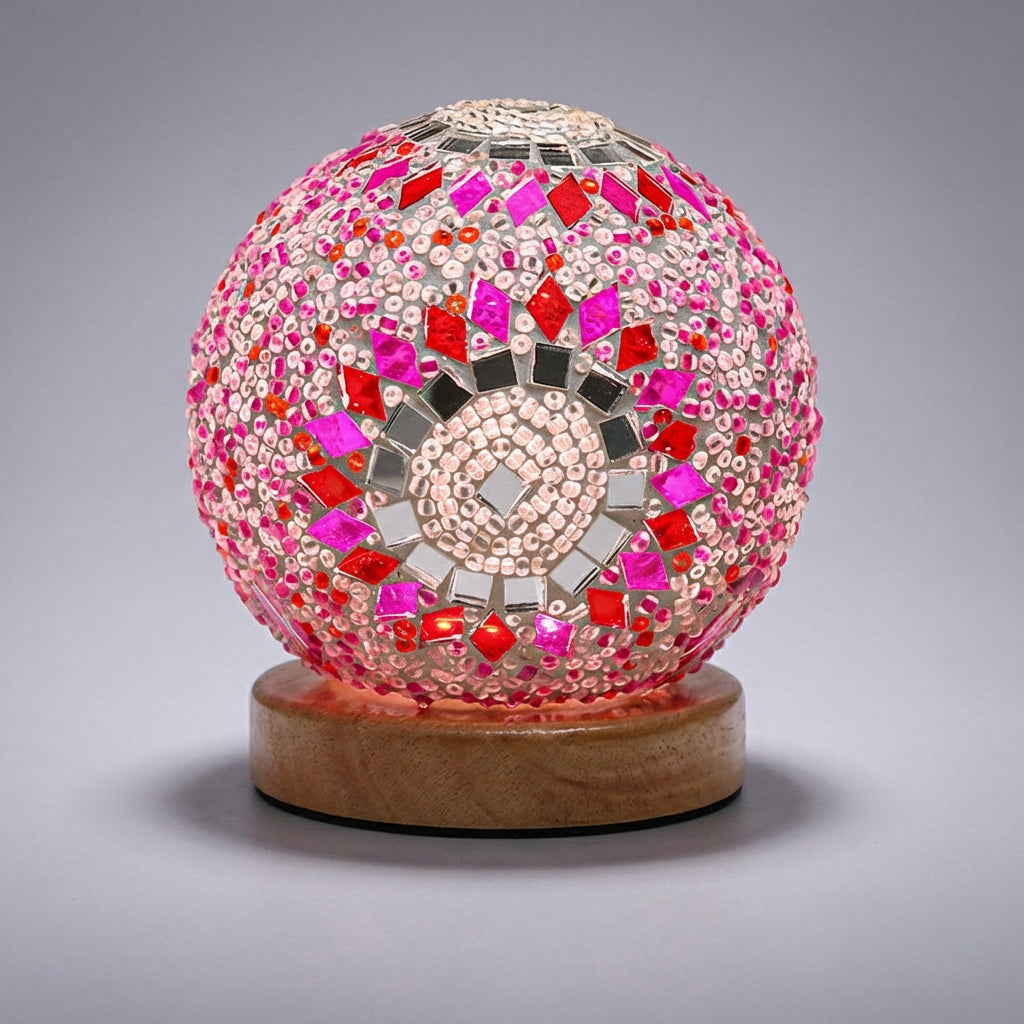 Boho dekorativní lampa z mozaikového skla a dřeva – teplé světlo – napájení z USB – 35 cm 11