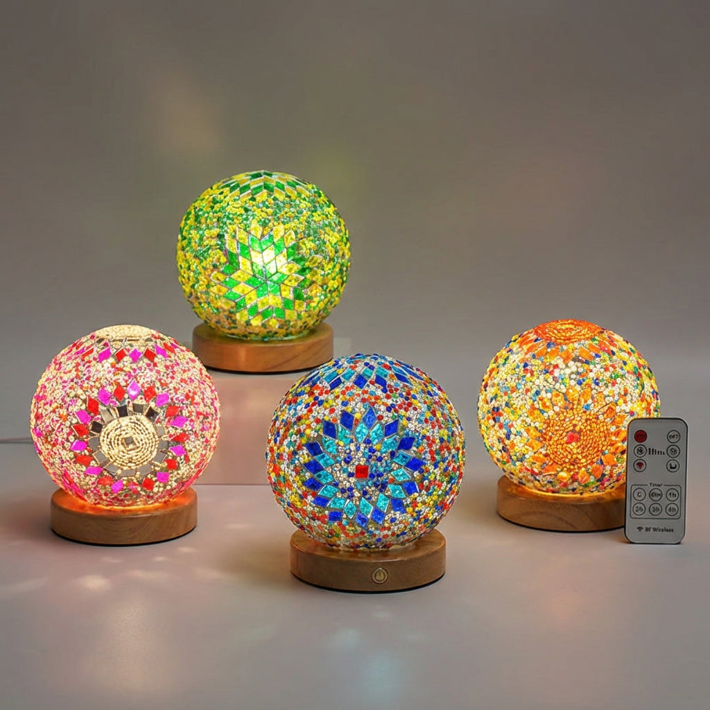 Boho dekorativní lampa z mozaikového skla a dřeva – teplé světlo – napájení z USB – 35 cm 2