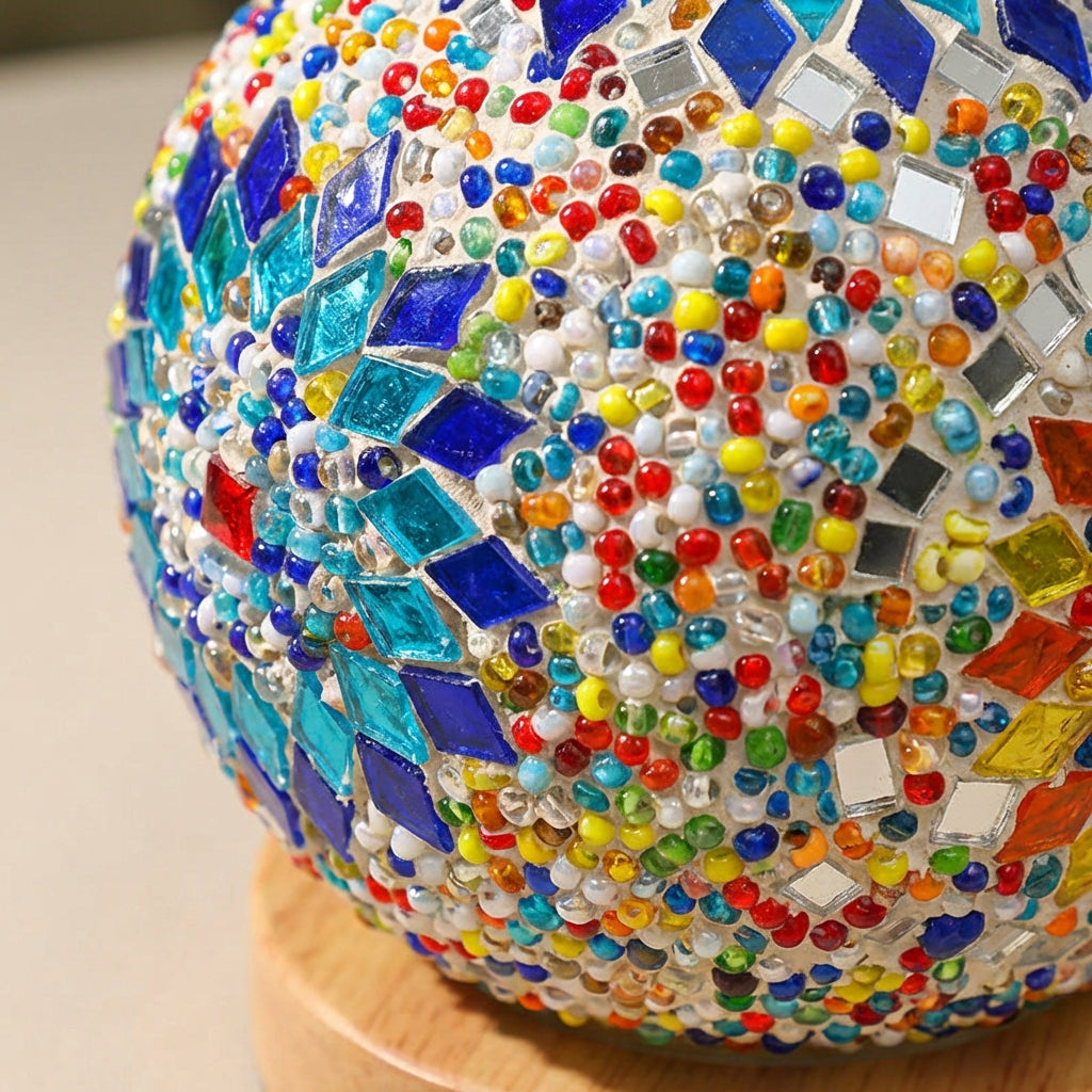 Boho dekorativní lampa z mozaikového skla a dřeva – teplé světlo – napájení z USB – 35 cm 3
