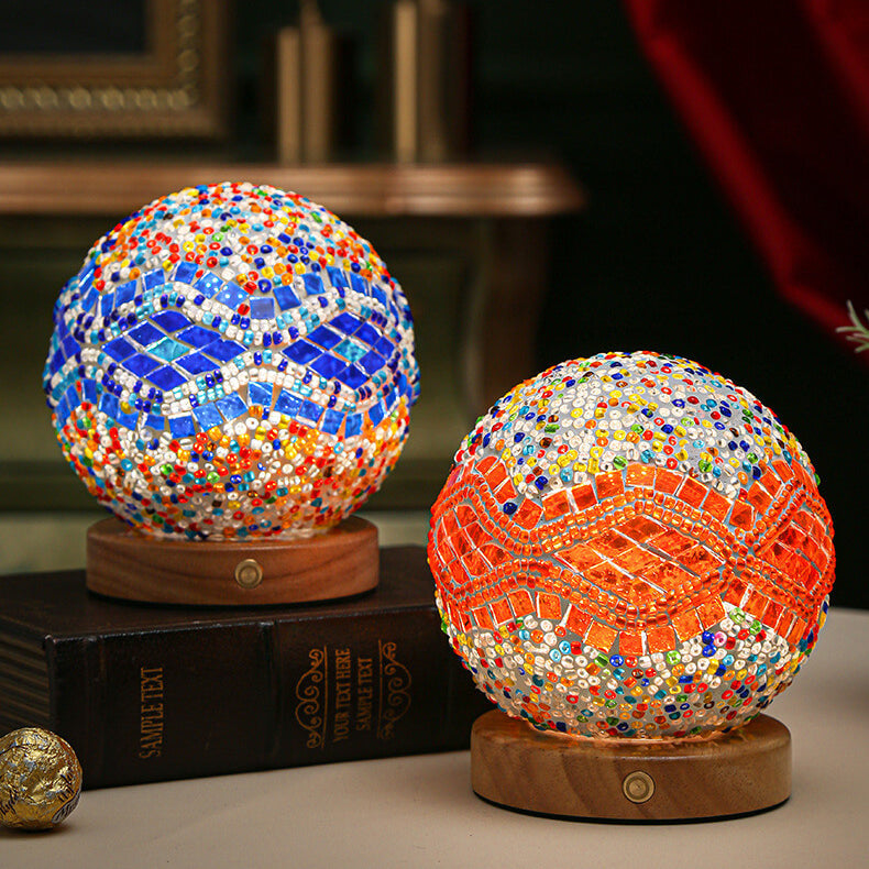 Boho dekorativní lampa z mozaikového skla a dřeva – teplé světlo – napájení z USB – 35 cm 5