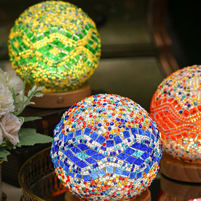 Boho dekorativní lampa z mozaikového skla a dřeva – teplé světlo – napájení z USB – 35 cm 6