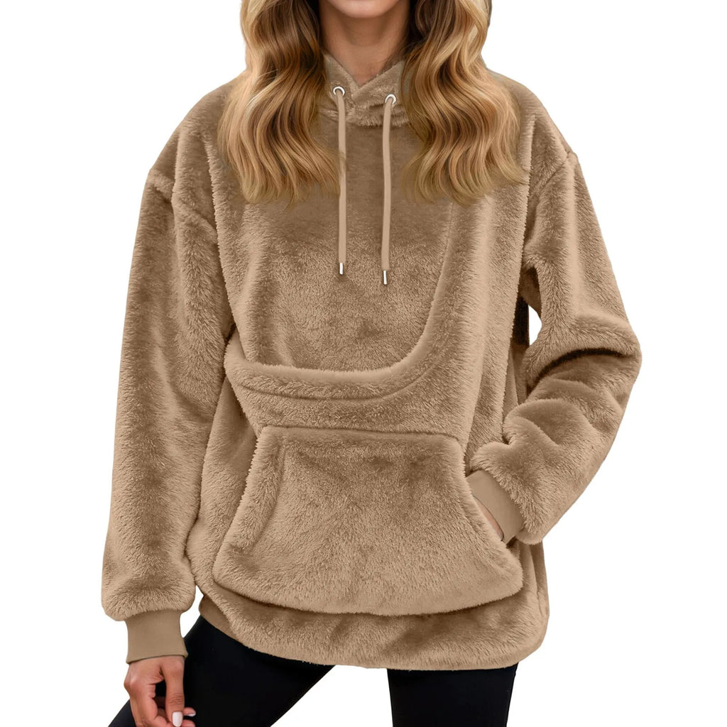 Dámská mikina s kapsou na mazlíčka z plyšového fleece, volný střih s kapucí, ideální 1