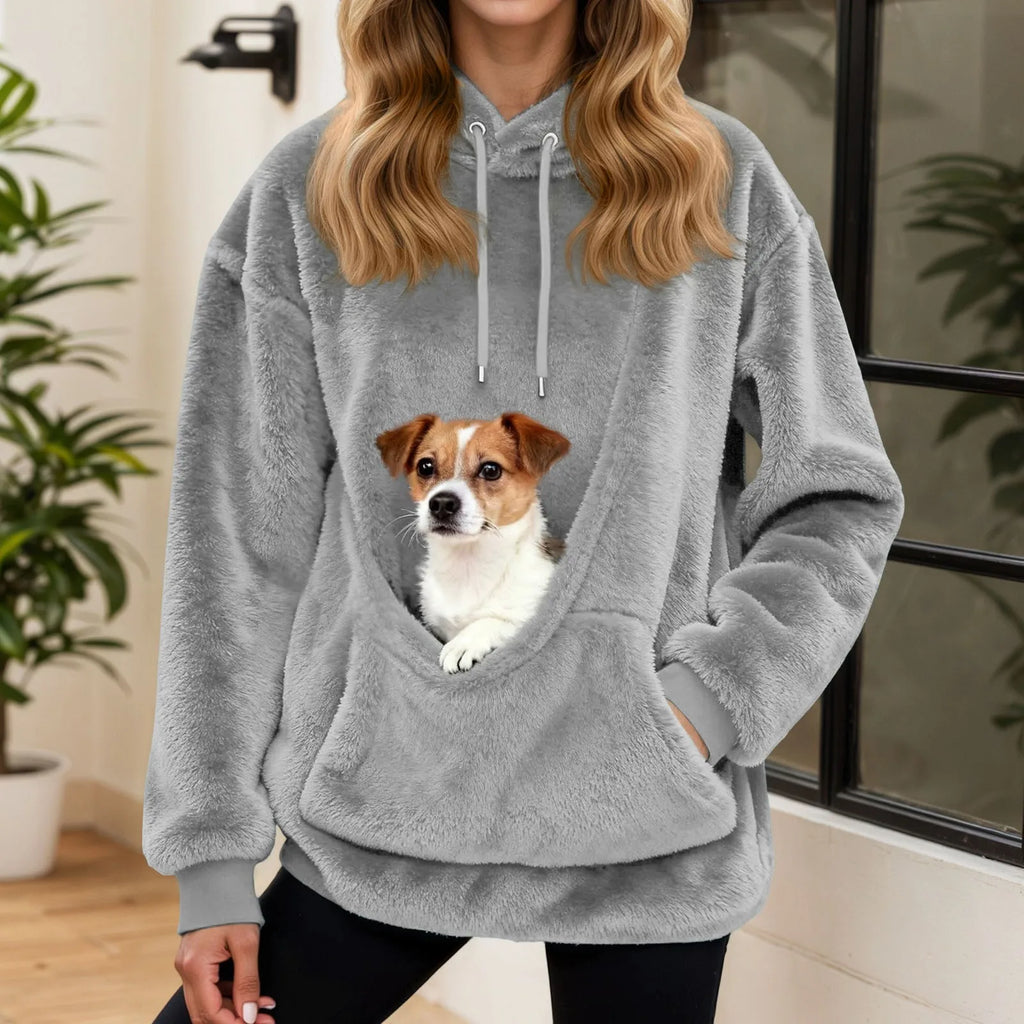 Dámská mikina s kapsou na mazlíčka z plyšového fleece, volný střih s kapucí, ideální 11