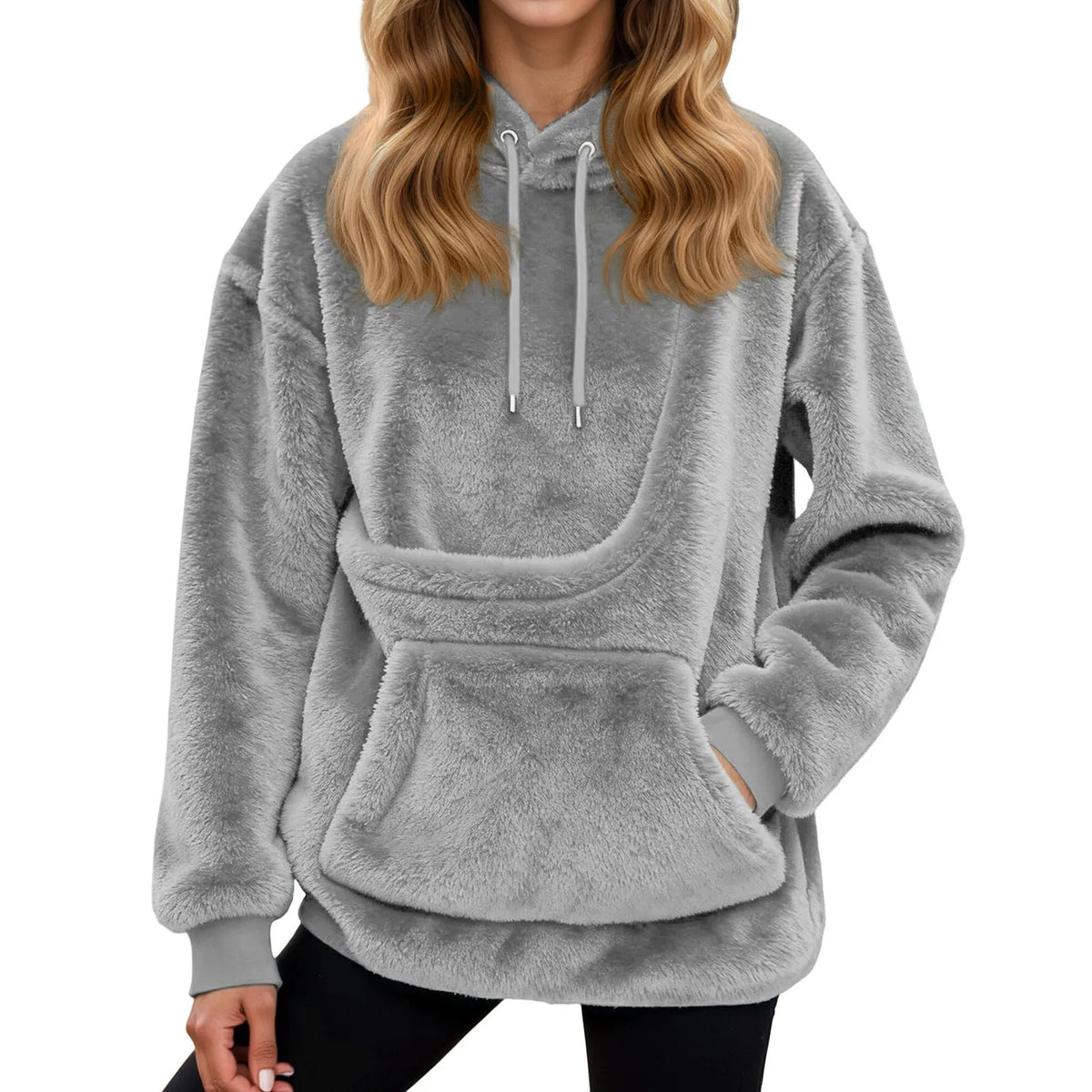 Dámská mikina s kapsou na mazlíčka z plyšového fleece, volný střih s kapucí, ideální 2