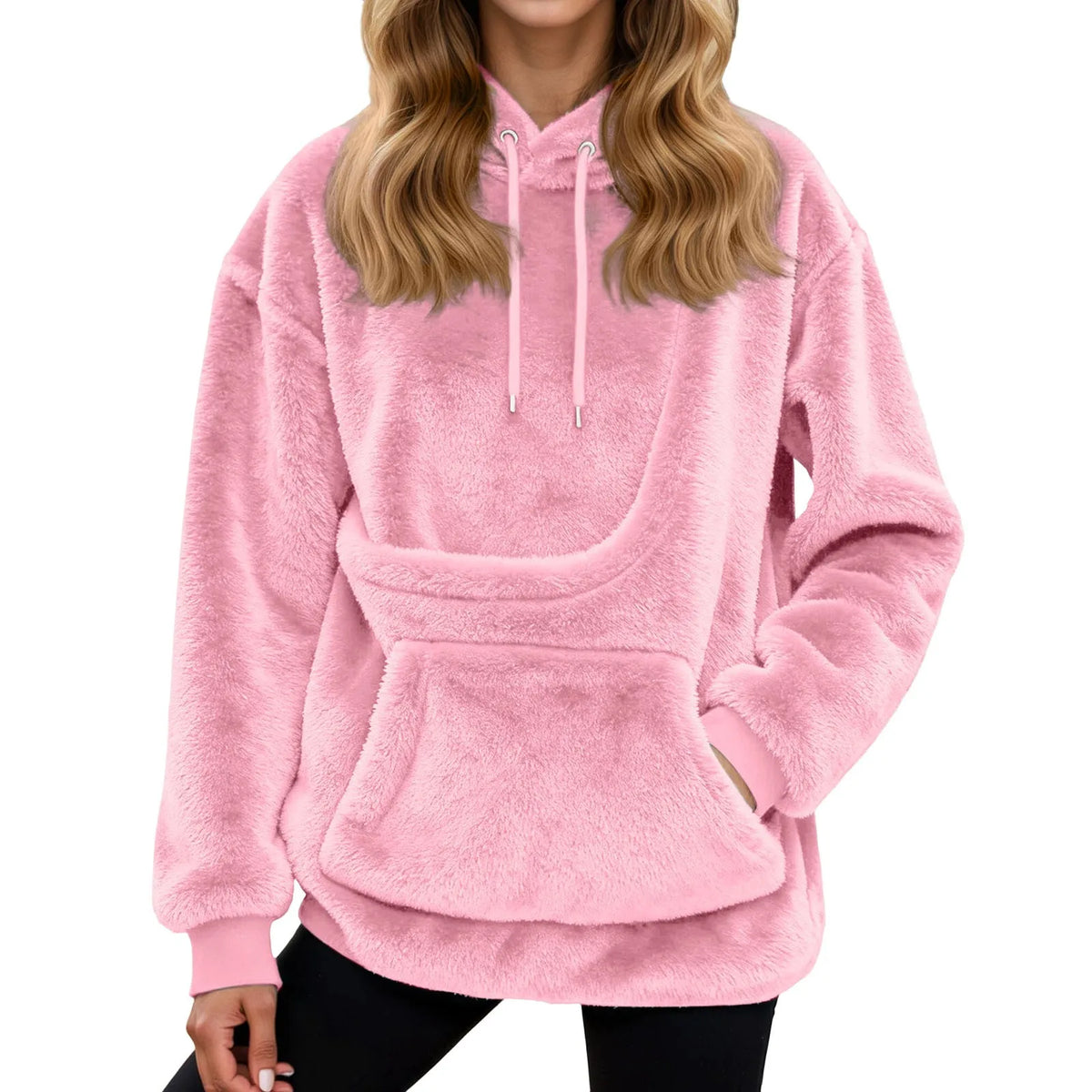 Dámská mikina s kapsou na mazlíčka z plyšového fleece, volný střih s kapucí, ideální 3