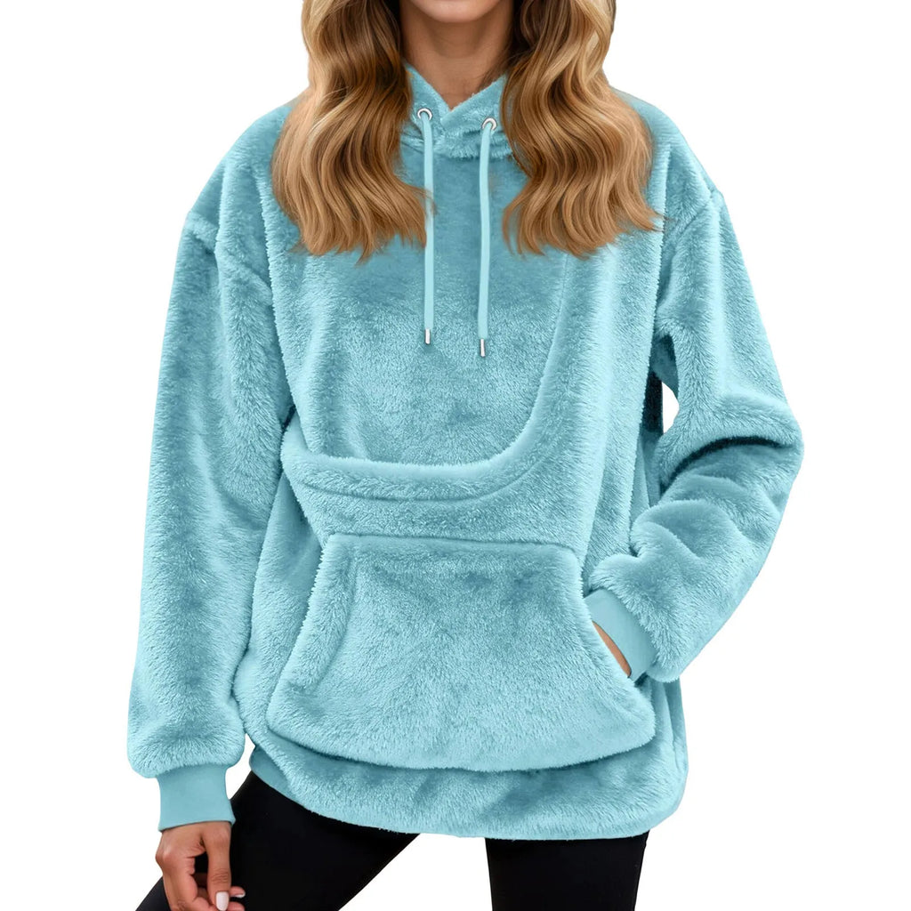 Dámská mikina s kapsou na mazlíčka z plyšového fleece, volný střih s kapucí, ideální 4