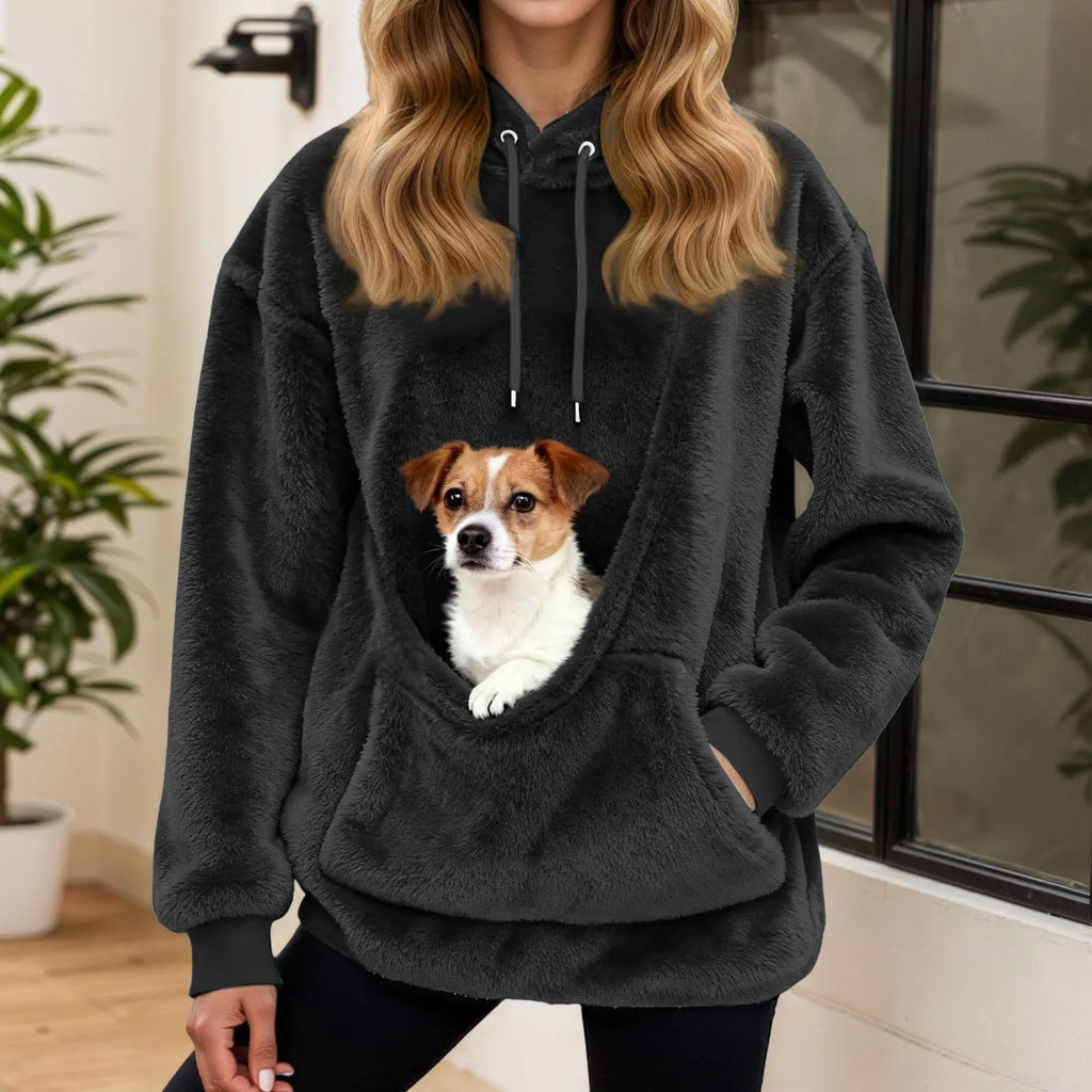 Dámská mikina s kapsou na mazlíčka z plyšového fleece, volný střih s kapucí, ideální 6