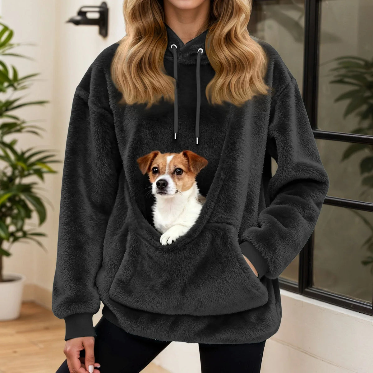 Dámská mikina s kapsou na mazlíčka z plyšového fleece, volný střih s kapucí, ideální 6
