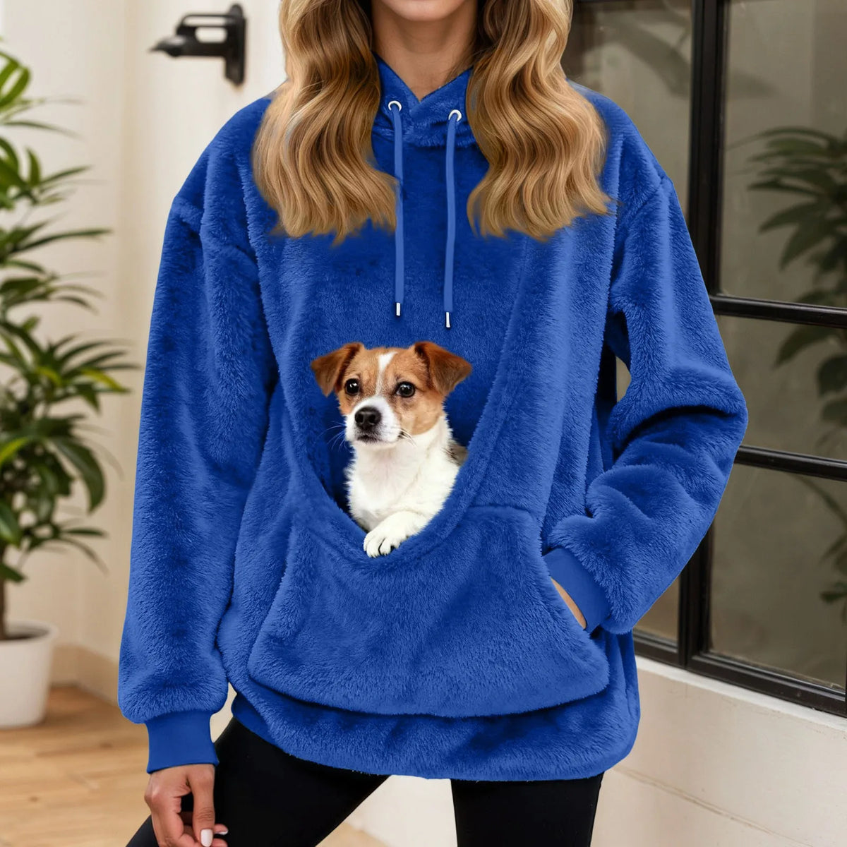 Dámská mikina s kapsou na mazlíčka z plyšového fleece, volný střih s kapucí, ideální 7