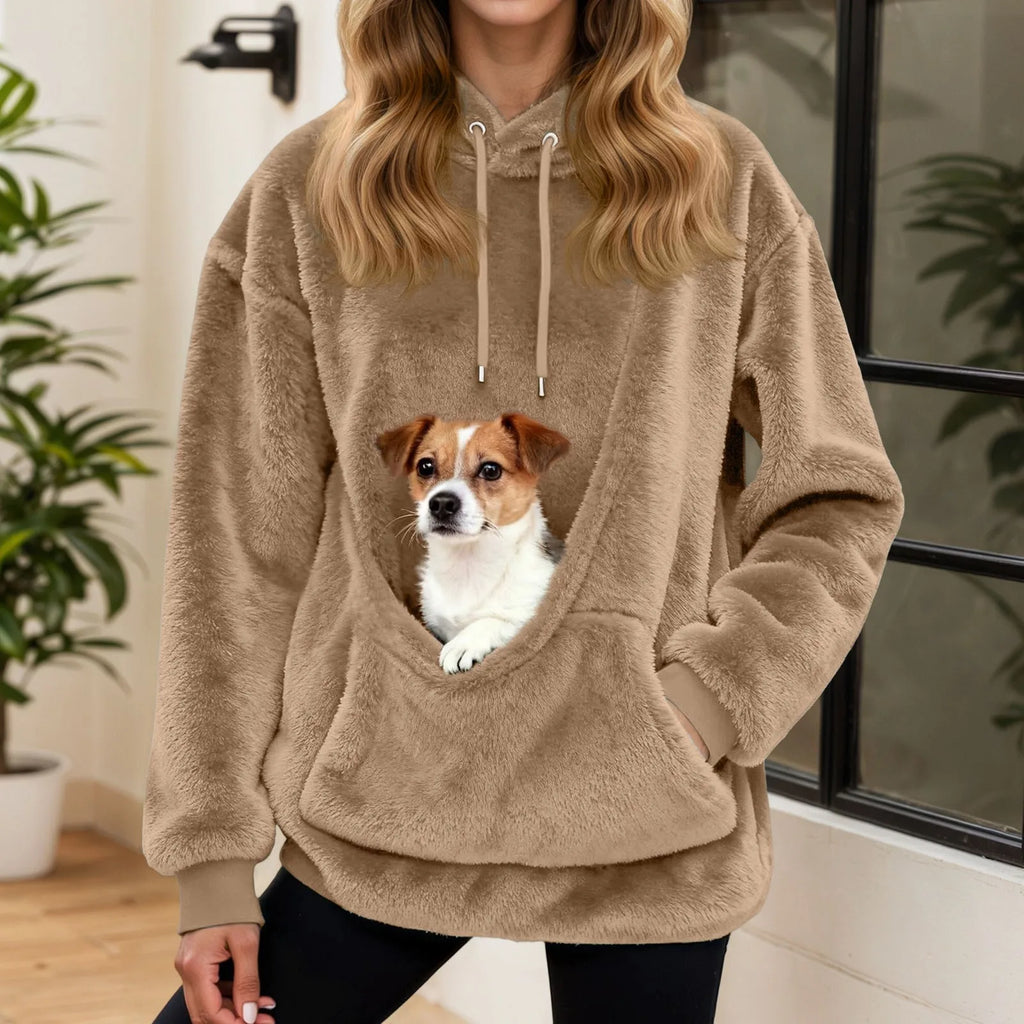 Dámská mikina s kapsou na mazlíčka z plyšového fleece, volný střih s kapucí, ideální 8