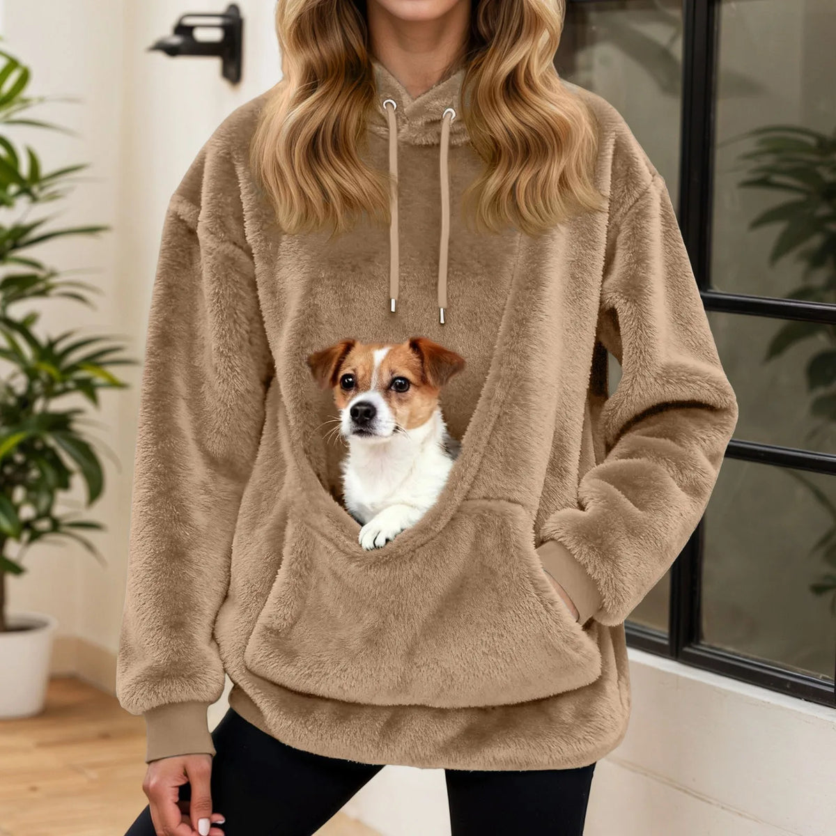 Dámská mikina s kapsou na mazlíčka z plyšového fleece, volný střih s kapucí, ideální 8