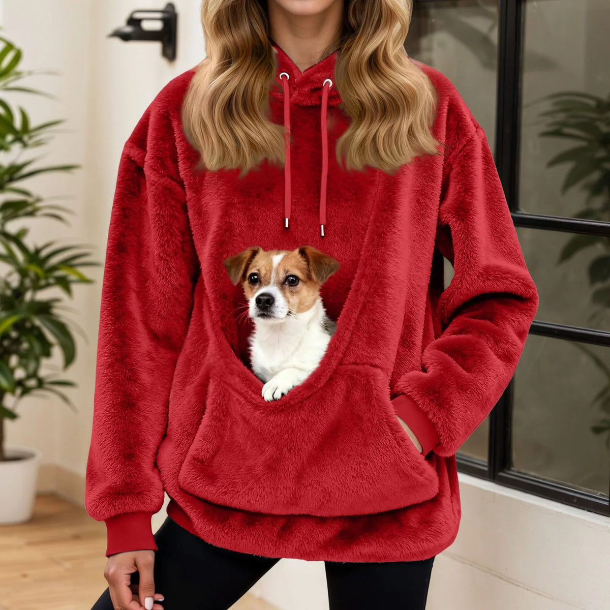 Dámská mikina s kapsou na mazlíčka z plyšového fleece, volný střih s kapucí, ideální 9