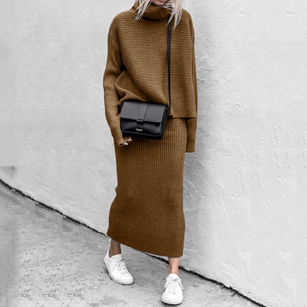 Dámská pletená souprava s dlouhým rukávem a maxi sukní, elegantní ležérní styl 0