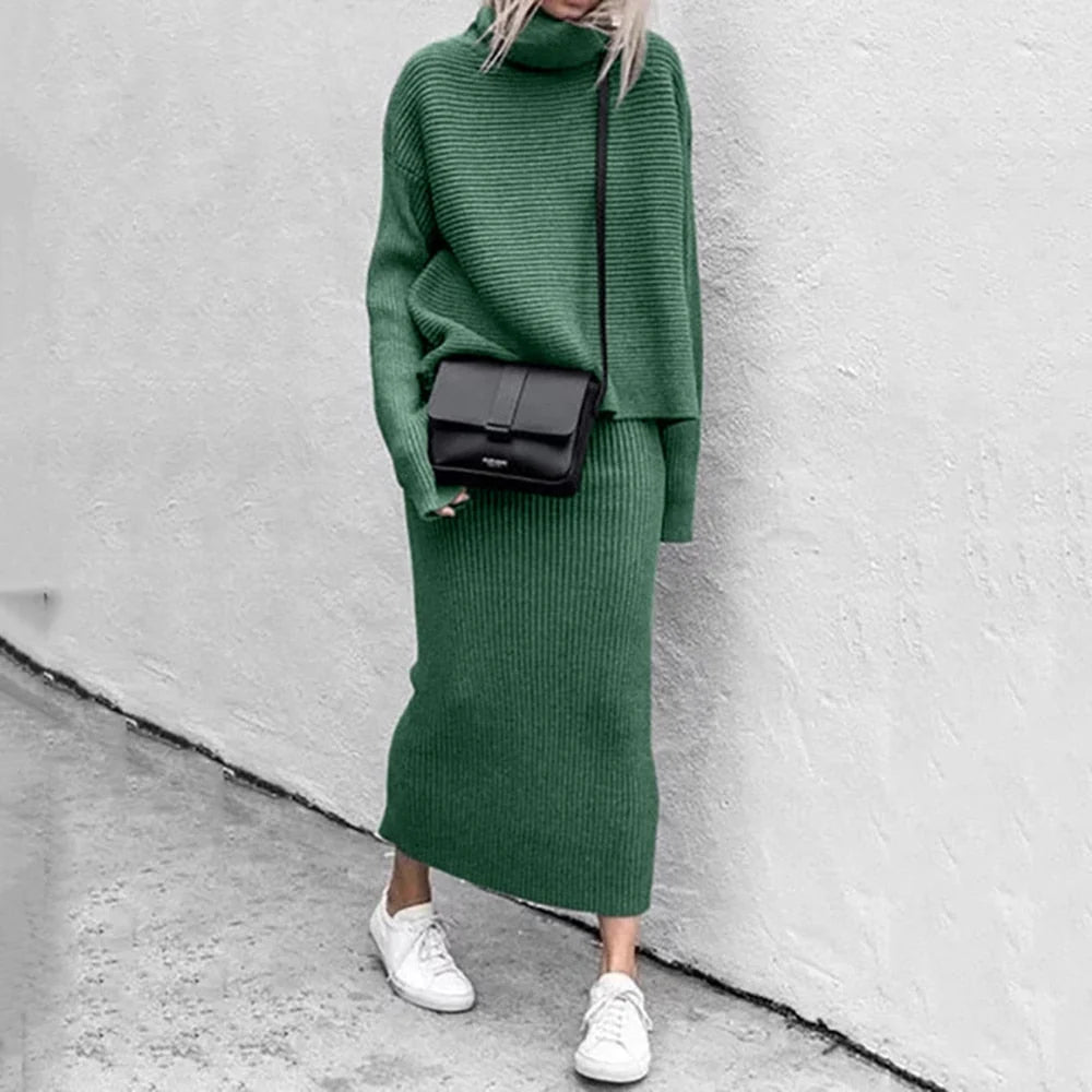 Dámská pletená souprava s dlouhým rukávem a maxi sukní, elegantní ležérní styl 1