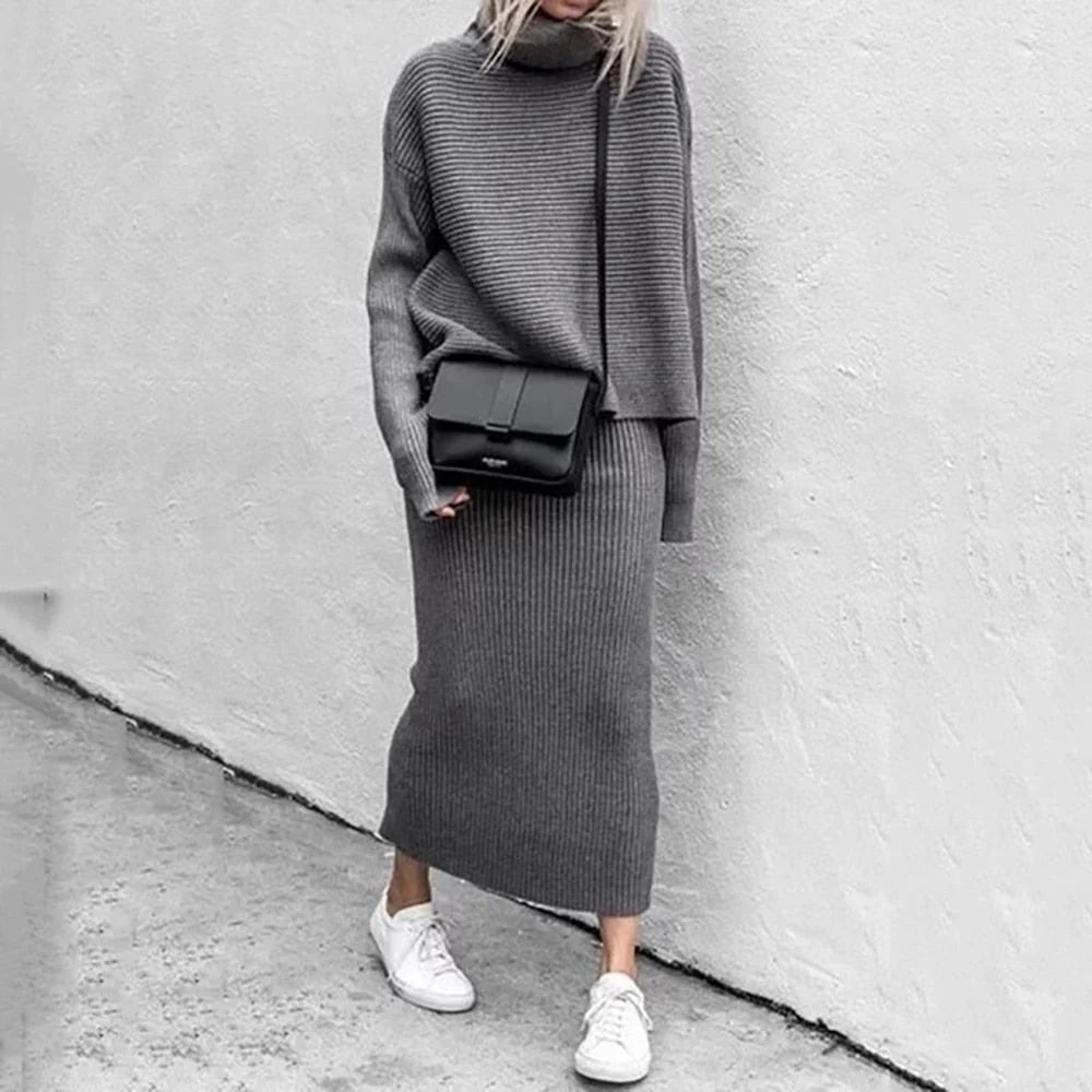 Dámská pletená souprava s dlouhým rukávem a maxi sukní, elegantní ležérní styl 2