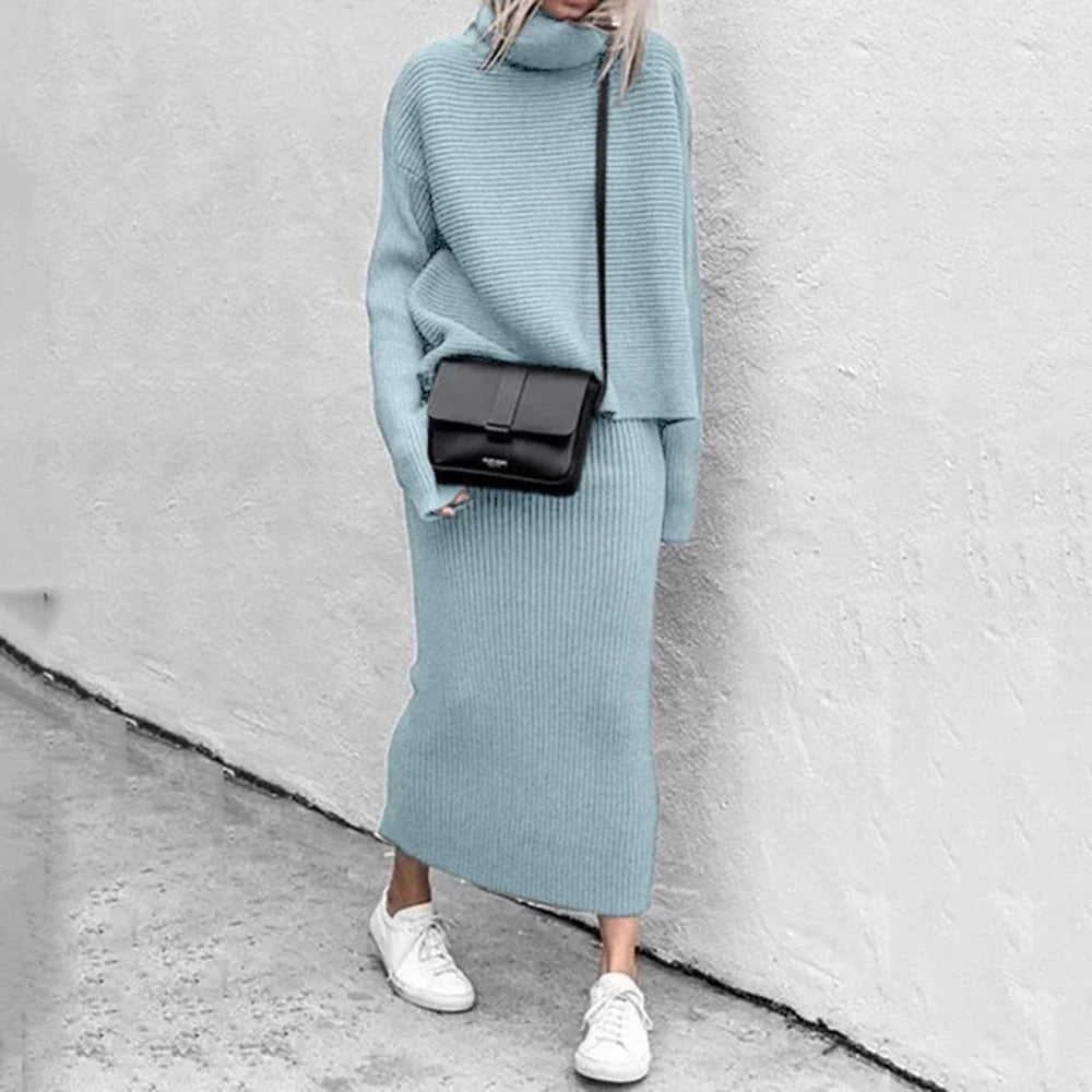 Dámská pletená souprava s dlouhým rukávem a maxi sukní, elegantní ležérní styl 3