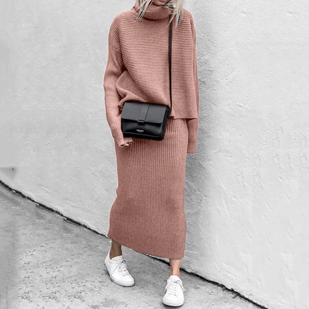 Dámská pletená souprava s dlouhým rukávem a maxi sukní, elegantní ležérní styl 4