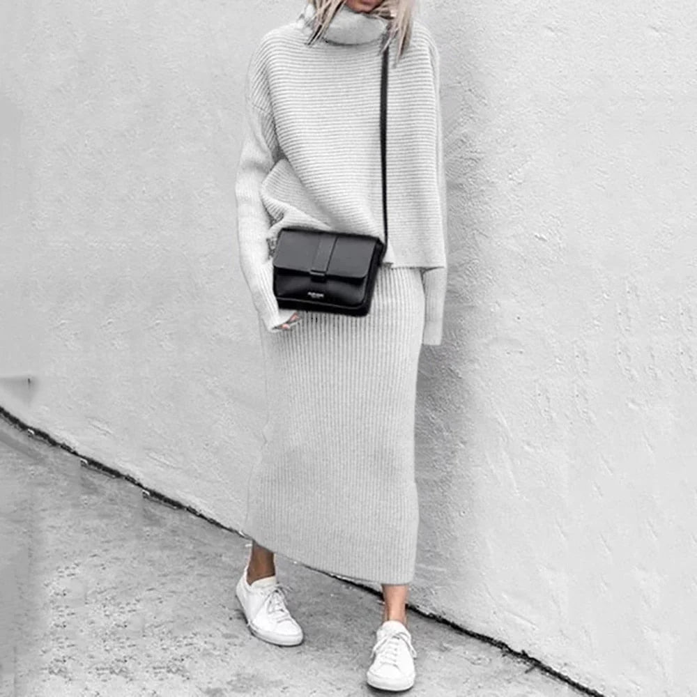 Dámská pletená souprava s dlouhým rukávem a maxi sukní, elegantní ležérní styl 5