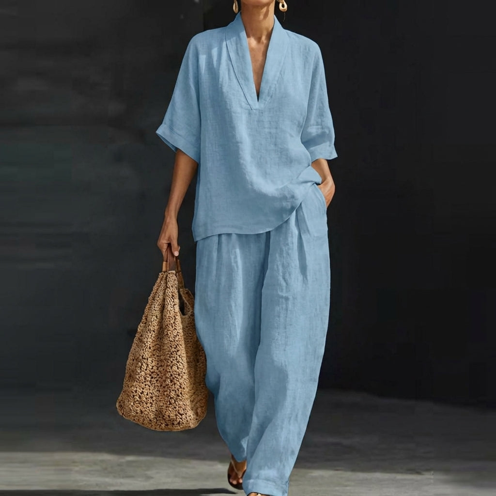 Dámská domácí souprava z prodyšné látky a kalhot s širokými nohavicemi – dvoudílný outfit Natural Elegance 0
