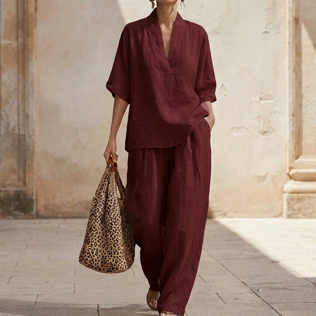 Dámská domácí souprava z prodyšné látky a kalhot s širokými nohavicemi – dvoudílný outfit Natural Elegance 1