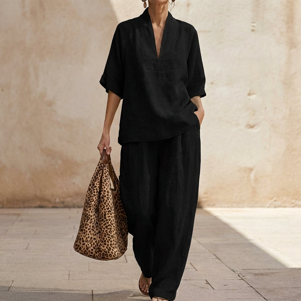 Dámská domácí souprava z prodyšné látky a kalhot s širokými nohavicemi – dvoudílný outfit Natural Elegance 2