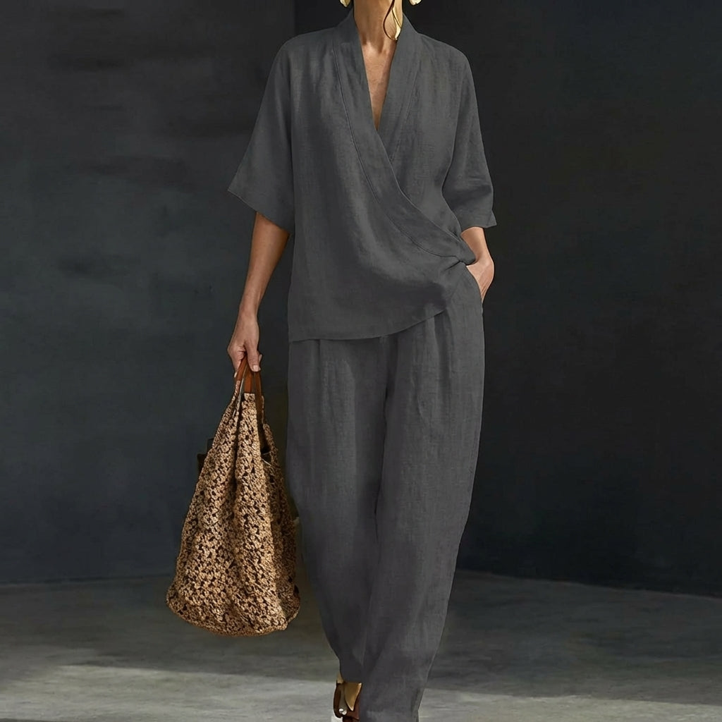 Dámská domácí souprava z prodyšné látky a kalhot s širokými nohavicemi – dvoudílný outfit Natural Elegance 3