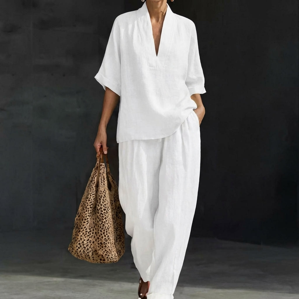 Dámská domácí souprava z prodyšné látky a kalhot s širokými nohavicemi – dvoudílný outfit Natural Elegance 4