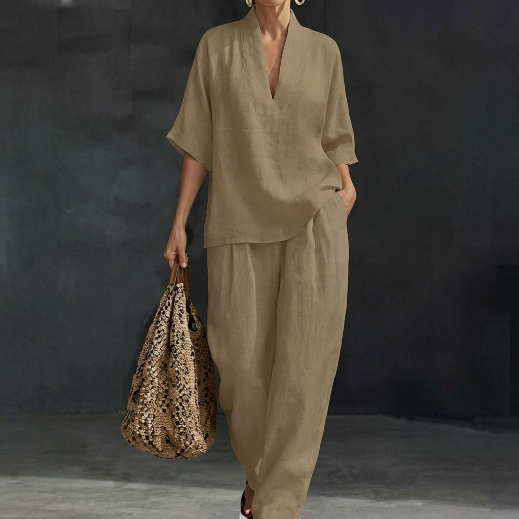 Dámská domácí souprava z prodyšné látky a kalhot s širokými nohavicemi – dvoudílný outfit Natural Elegance 5