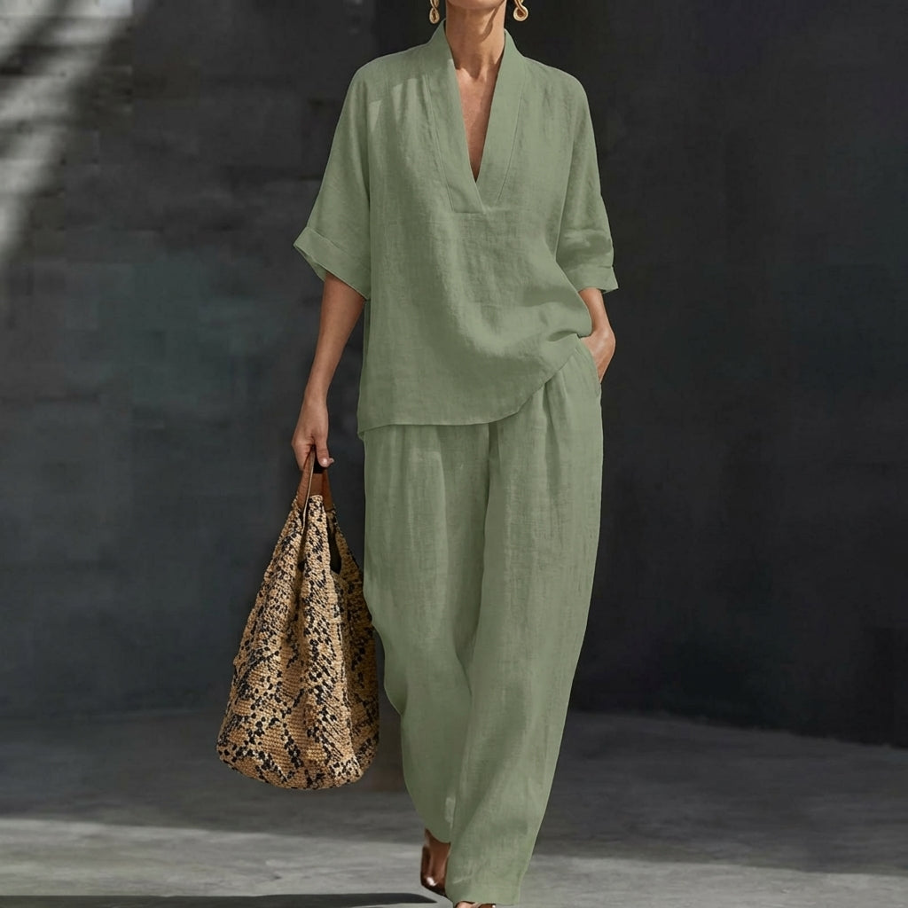Dámská domácí souprava z prodyšné látky a kalhot s širokými nohavicemi – dvoudílný outfit Natural Elegance 6