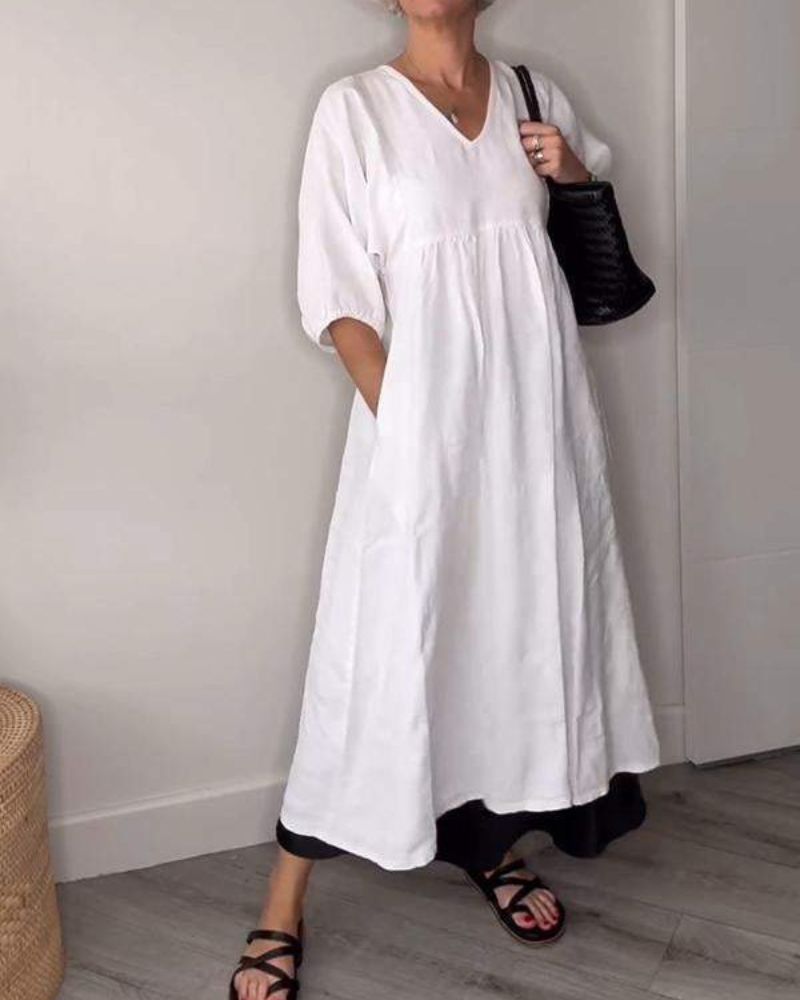 Dámské lněné letní šaty s volným střihem, vzdušný a elegantní styl v přírodní bar 3