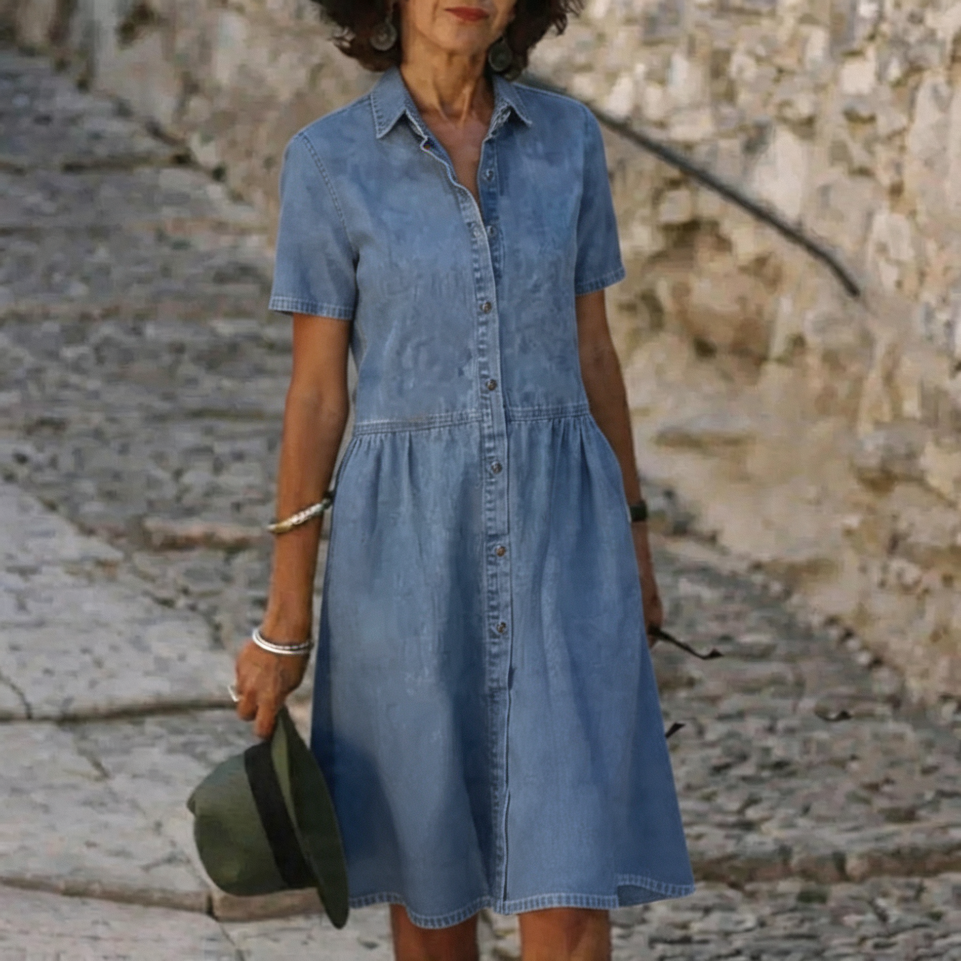 Dámské džínové šaty s knoflíky vpředu a áčkovým lemem – měkké seprané denimové nošení na každý den 0