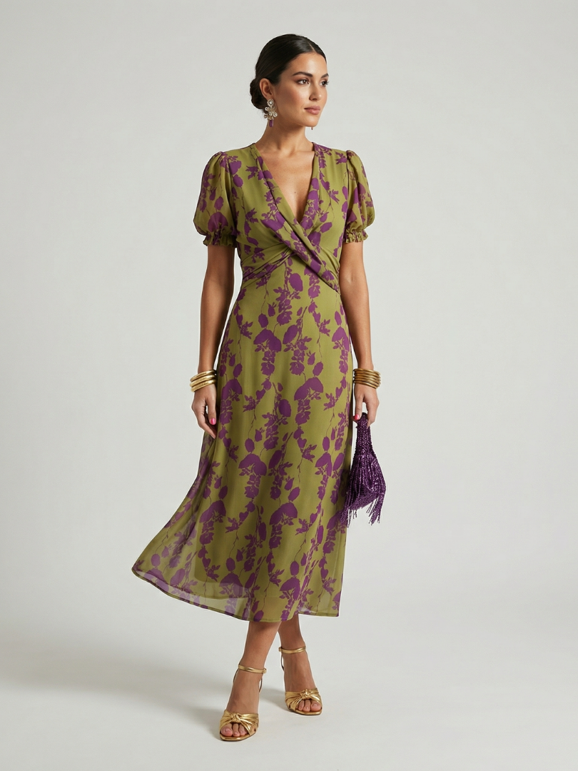 Dámské květinové midi šaty s zavinovacím živůtkem a krátkými rukávy – lehké letní šaty 0