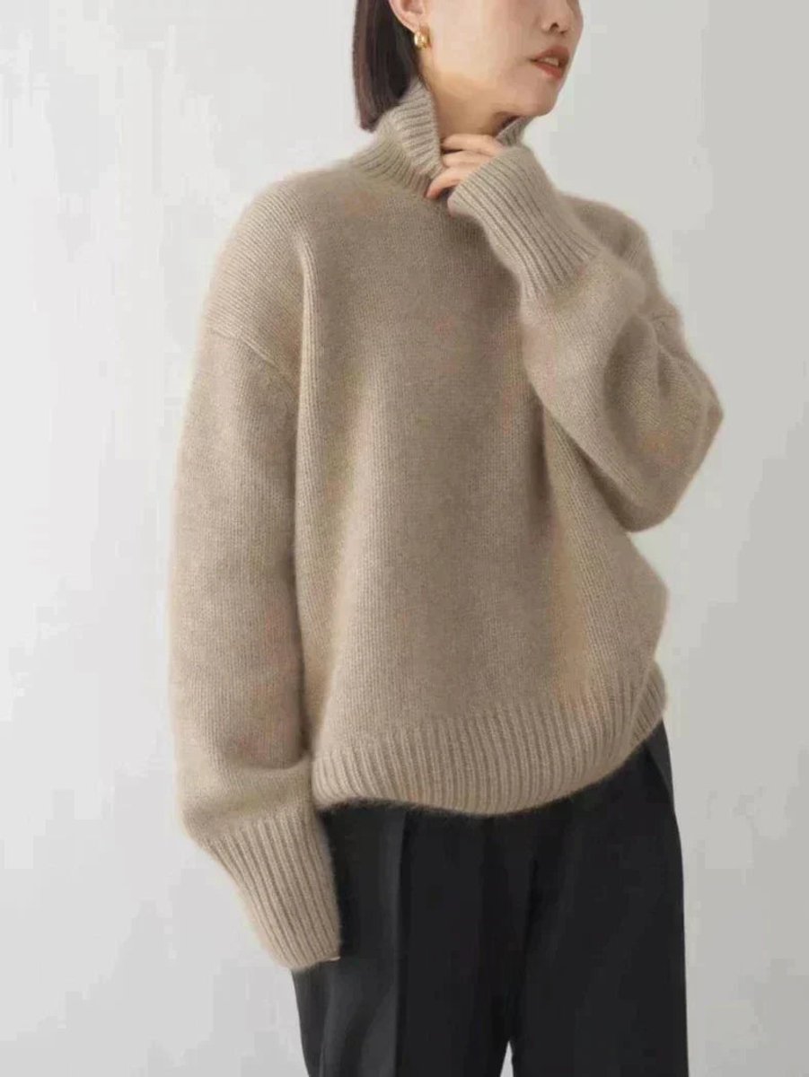 Dámský kašmírový svetr s rolákem a žebrovanými manžetami, oversized design v heb 4